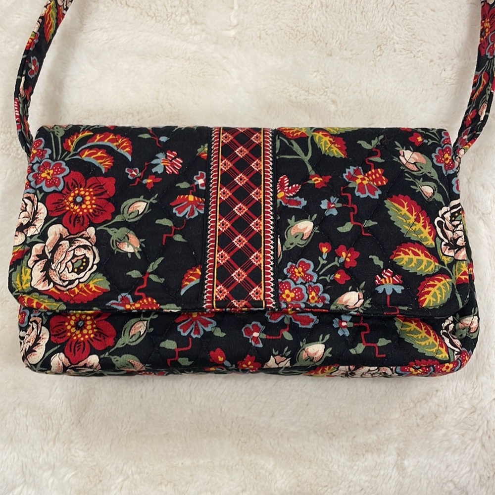 Vera Bradley Black Quilted Floral Crossbody with Red and Green Accents